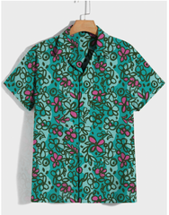 Teal sketchbook cosmos s s shirt with vibrant pink and dark green floral pattern on short sleeved hawaiian fabric