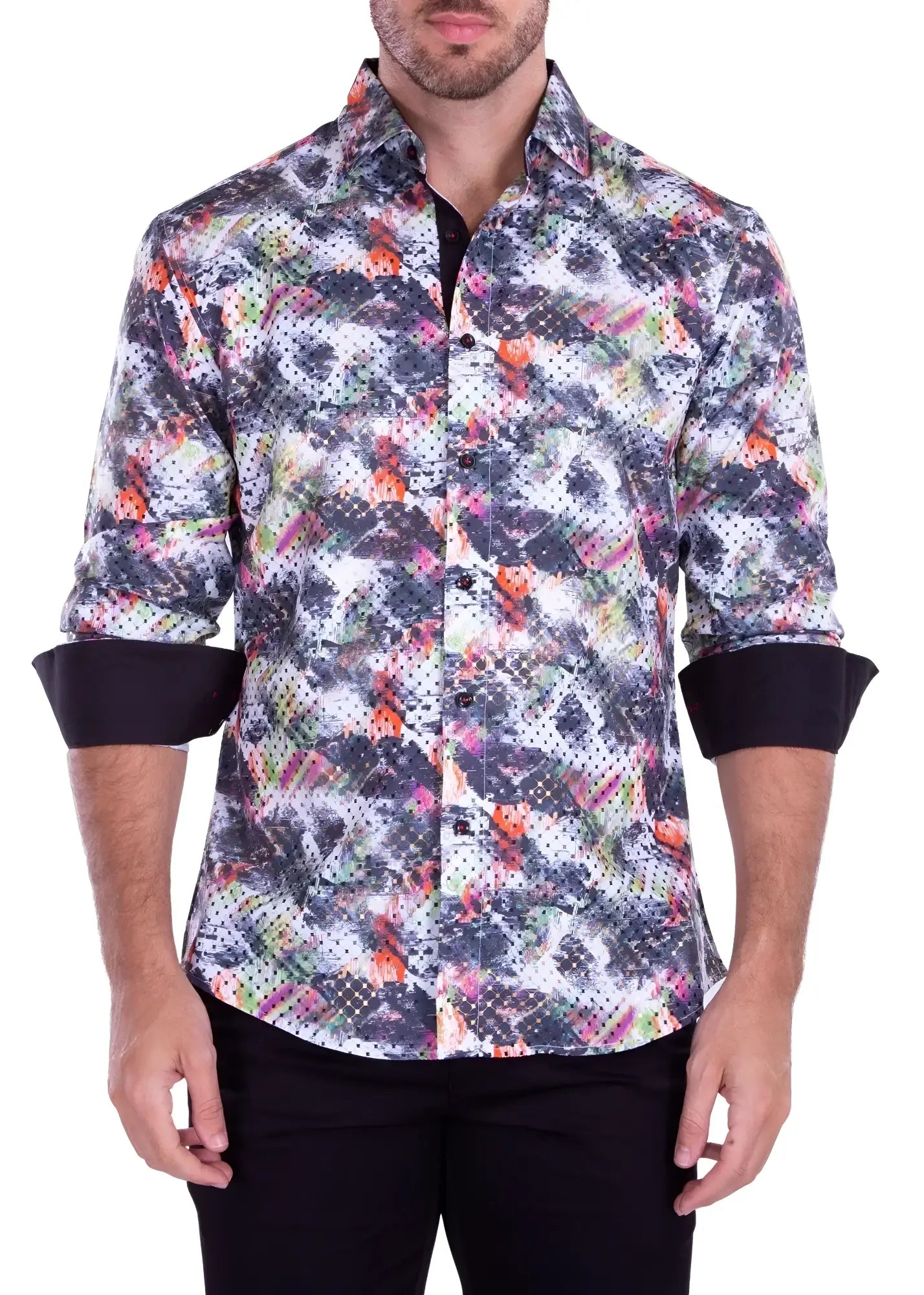 Abstract brushstroke l/s shirt men’s long-sleeved button-up with vibrant abstract geometric pattern and black cuffs and collar lining