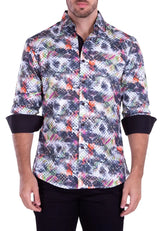 Abstract brushstroke l/s shirt men’s long-sleeved button-up with vibrant abstract geometric pattern and black cuffs and collar lining