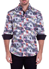 Abstract brushstroke l/s shirt men’s long-sleeved button-up with vibrant abstract geometric pattern and black cuffs and collar lining