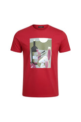 Red cotton abstract graphic t-shirt with bold stylized wine bottles and glasses print in muted tones