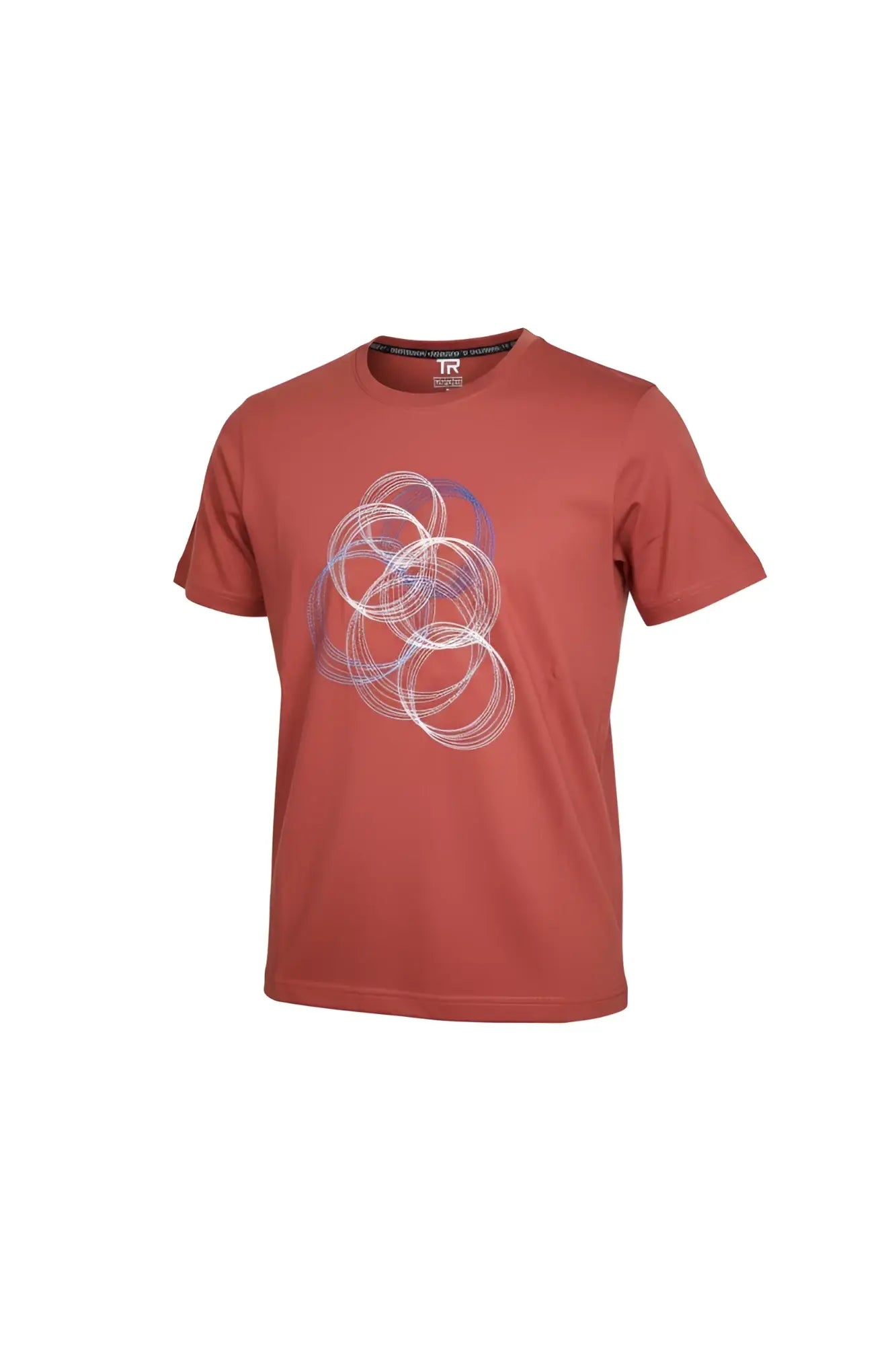 Abstract graphic t-shirt rust-colored short-sleeved with overlapping translucent white and light blue circle design