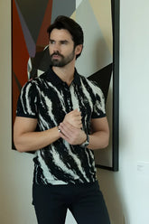 Black and white zebra-striped short-sleeved abstract polo shirt with subtle textured pattern for casual wear
