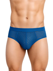 Blue men’s activestripe nylon briefs with mesh panel and diagonal stripe pattern for active comfort