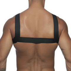 Black elastic strap harness worn across the back featuring adjustable design for comfortable fit ad basic harness