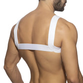 White minimalist ad basic harness back with sleek elastic strap bands for comfortable secure fit