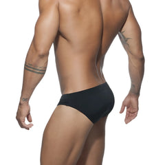 Black ad basic swim brief made of soft fabric designed for comfortable swimwear use