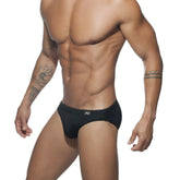 Black ad basic swim brief with sleek form-fitting design made for comfortable men’s swimwear use