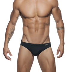 Black ad basic swim brief with subtle logo on waistband designed for comfortable swimming use