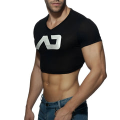Black cropped v-neck t-shirt with silver metallic logo on front from ad crop top collection