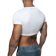 White cropped short-sleeve t-shirt with addicted branding at the neckline in ad crop top style