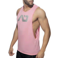 Pink sleeveless athletic tank top with silver logo and side cutout from ad logo low rider collection