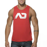 Red sleeveless muscle tank top with white distressed ad logo, designed for low rider style and active wear