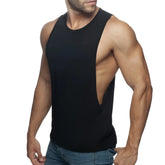 Black sleeveless muscle tank top with cutout back design shown from the back in ad low rider style