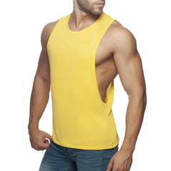 Bright yellow ad low rider muscle tank top with a distinctive side cutout for athletic and casual wear