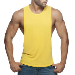Ad low rider bright yellow sleeveless muscle tank top with round neckline and fitted cut for active wear