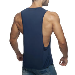 Navy blue sleeveless athletic tank top ad low rider with low back cutout for activewear use shown from back side