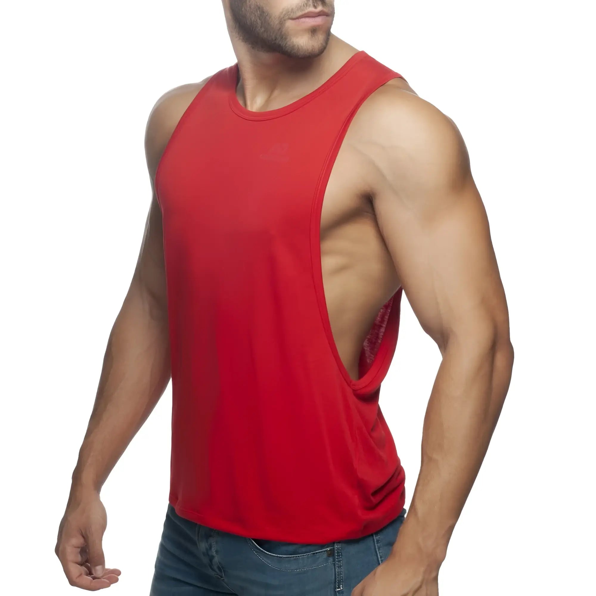 Red muscle tank top ad low rider with cutout back design made from breathable fabric for active wear