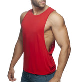 Red muscle tank top ad low rider with cutout back design made from breathable fabric for active wear