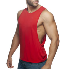 Red muscle tank top ad low rider with cutout back design made from breathable fabric for active wear