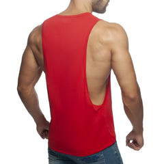 Red muscle tank top ad low rider with deep back cutout showcasing a sporty and breathable design
