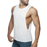 White muscle tank top ad low rider with distinctive side cutout for breathable casual wear