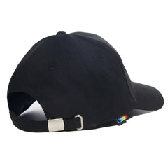 Black AD Rainbow cap made of fabric with a silver metal buckle and a small rainbow-colored side tag showing the back side