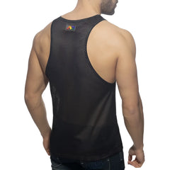 Black mesh ad rainbow mesh tank top showing back with small rainbow logo on upper back