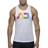 White mesh tank top with colorful rainbow logo on chest in ad rainbow mesh tank product