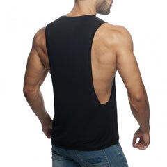 Black sleeveless muscle tank top ad low rider with a cutout back showing breathable fabric and sporty design
