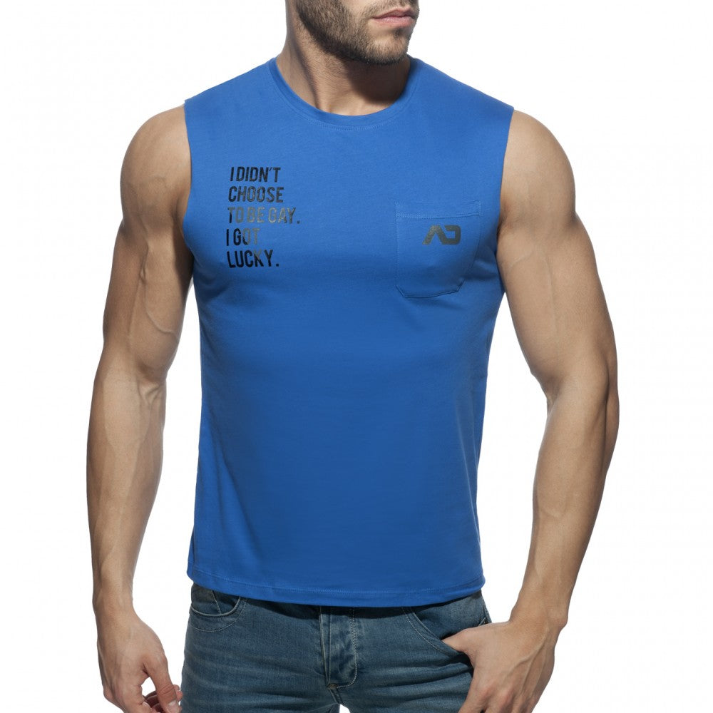 Blue sleeveless cotton tank top with black text reading i didnt choose to be bay from proud 2 be gay t shirt collection