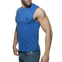 Blue sleeveless tank top with chest pocket and black proud 2 be gay text on left side for casual wear