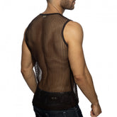 A man wearing a brown openwork mesh tank top, shown from the back against a white background.
