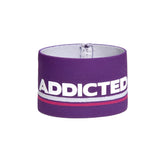 Purple elastic wristband bracelet with bold white addicted lettering and thin red stripe size one size