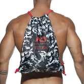 Addicted camo drawstring bag in gray and black with red trim and bold red fetish logo charcoal size one size