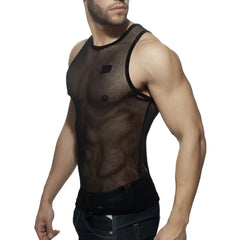 Black mesh tank top addictive mesh tank featuring a subtle logo on the chest for a stylish breathable fit