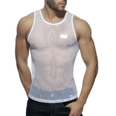 White mesh tank top addicted mesh tank with a subtle rectangular label on the chest made of breathable fabric