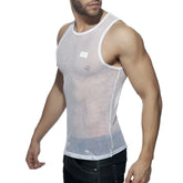 Addicted mesh tank white mesh tank top with subtle textured pattern and reinforced trim on neckline and armholes