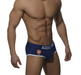 Addicted police brief underwear navy ad144 size m blue and white swim trunks with red shield logo front view