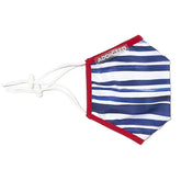 Blue and white striped Addicted sailor face mask with red trim and clear branded tag size one size