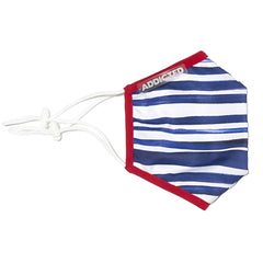Blue and white striped Addicted sailor face mask with red trim and clear branded tag size one size