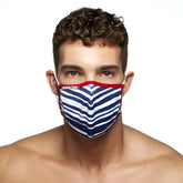 Addicted sailor mask AC114 one size blue and white striped face mask with red trim and bold chevron pattern