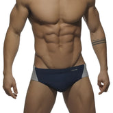 Navy blue and gray Addicted silver logo swim trunks with sleek modern design in size S for stylish beachwear