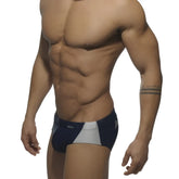 Navy blue and white athletic swim trunks with addicted silver logo and matching contrast designed for swimwear size s