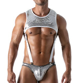 Adjustable silver rhinestone-embellished suspenders and matching briefs set for stylish and glamorous wear