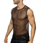 A man wearing a brown openwork fabric tank top in a mesh pattern against a white background.