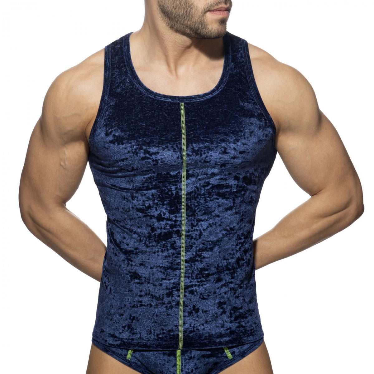 Deep blue velvet shady tank top with a contrasting lime green zipper down the front for stylish casual wear