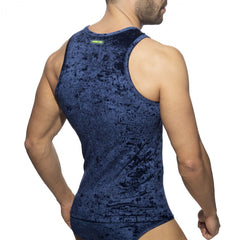Deep blue velvet shady tank top with crushed texture and green brand tag at the neckline
