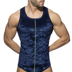 Deep blue velvet shady tank top with a contrasting lime green zipper down the front for stylish casual wear
