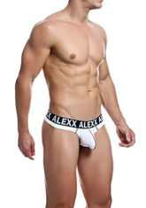 White alexx underwear andy thong briefs with black waistband featuring bold white alexx logo size xl